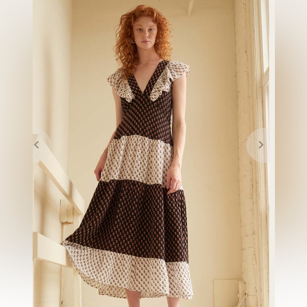 🔹 Anaak Klara Blockprint Tiered Maxi Dress in Black Calico